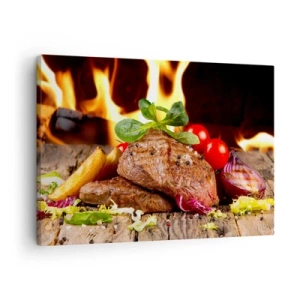 Bild auf Leinwand - Leinwandbild - Gegrilltes Steak mit Beilagen vor dem Hintergrund der Flammen - 70x50cm - Von Hitze gezaubert - Moderne Wanddekoration für Wohnzimmer und Schlafzimmer ARTTOR