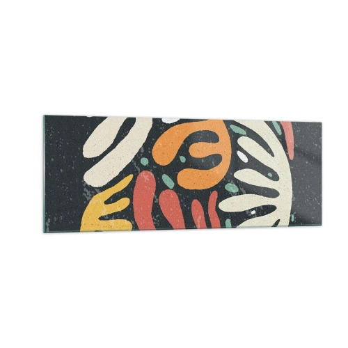 Glasbild - Bild auf glas - Abstrakte Formen in warmen Farben auf dunklem Hintergrund - 140x50cm - Komposition – Ich erwische dich gleich - Moderne Wanddekoration für Wohnzimmer und Schlafzimmer ARTTOR