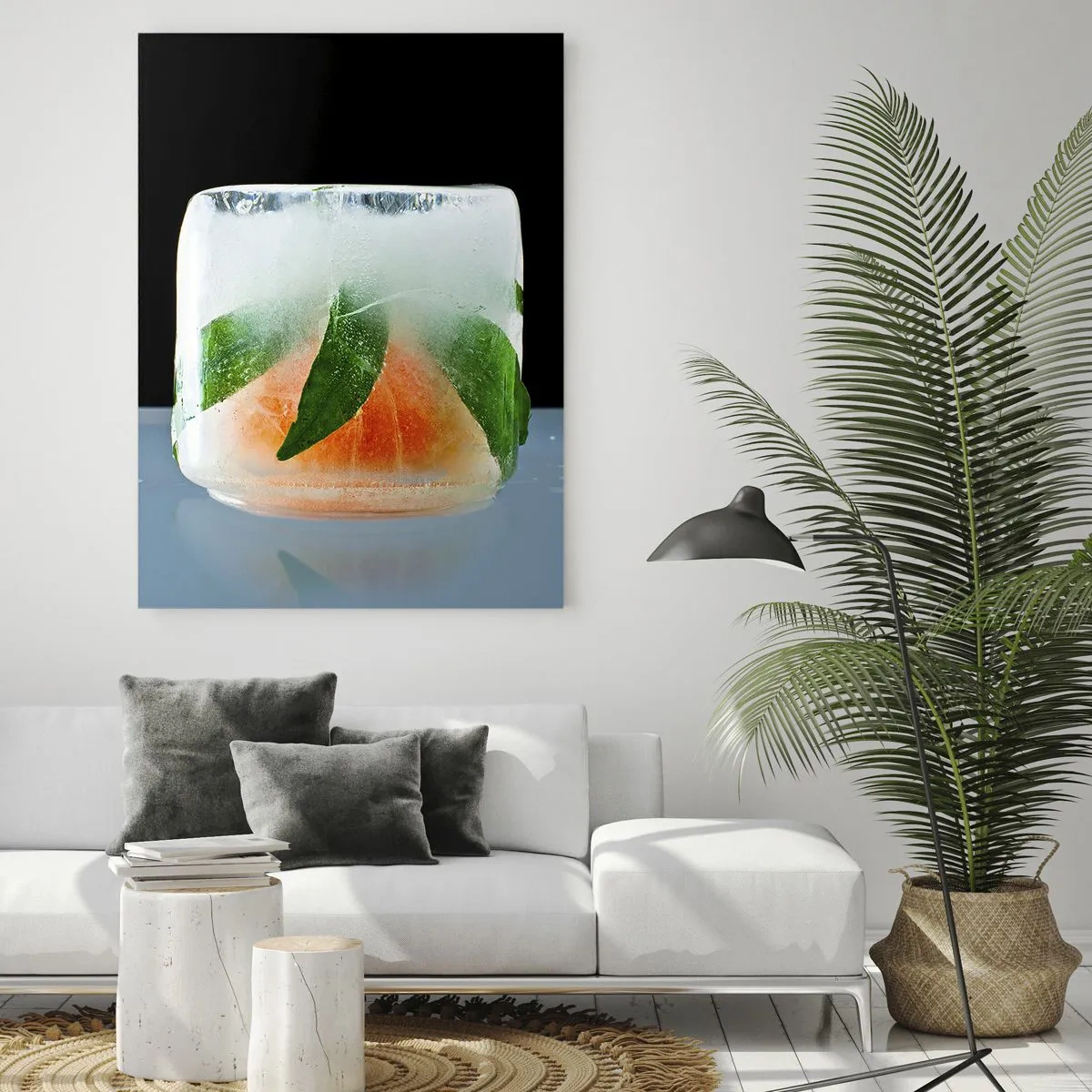 Glasbild - Bild auf glas - Eiswürfel mit Orange und Blättern - 70x100cm - Frisch und kühl - Moderne Wanddekoration für Wohnzimmer und Schlafzimmer ARTTOR
