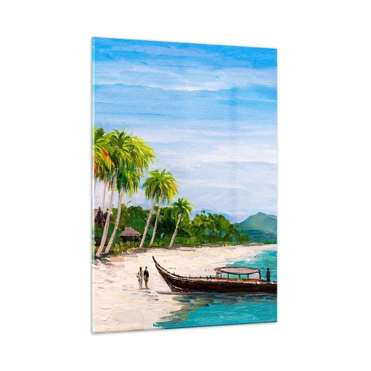 Glasbild - Bild auf glas - Tropischer Strand mit einem Boot und Palmen neben traditionellen Hütten - 50x70cm - Exotischer Traum - Moderne Wanddekoration für Wohnzimmer und Schlafzimmer ARTTOR