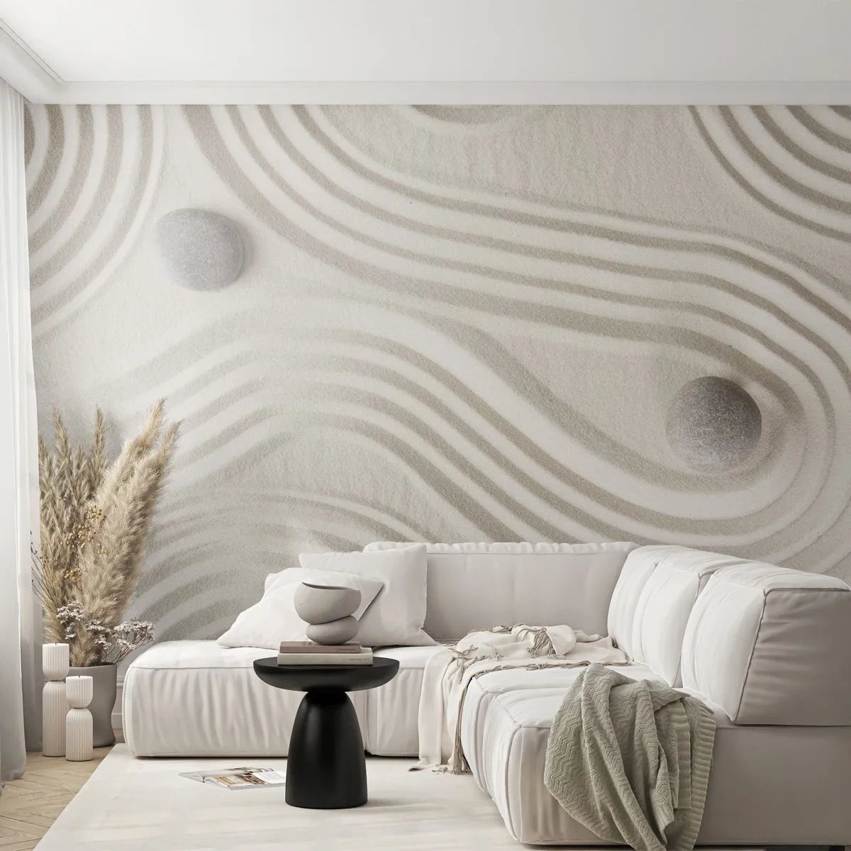 Fototapete Premium Sand - Ein minimalistisches Muster im Zen-Stil mit Steinen auf Sand - 100x70cm - Ein Hauch von Wärme - Moderne Wanddekoration für Wohnzimmer und Schlafzimmer ARTTOR