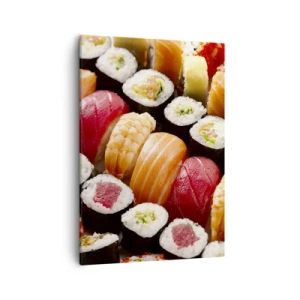 Bild auf Leinwand - Leinwandbild - Buntes Sushi in Reihen angeordnet mit verschiedenen Toppings - 50x70cm - Farben und Aromen Asiens - Moderne Wanddekoration für Wohnzimmer und Schlafzimmer ARTTOR