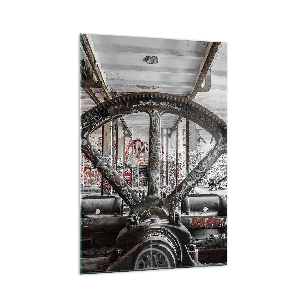 Glasbild - Bild auf glas - Ein alter Mechanismus in einem verlassenen Industriegebäude - 70x100cm - Das geheime Leben der Fabrik - Moderne Wanddekoration für Wohnzimmer und Schlafzimmer ARTTOR