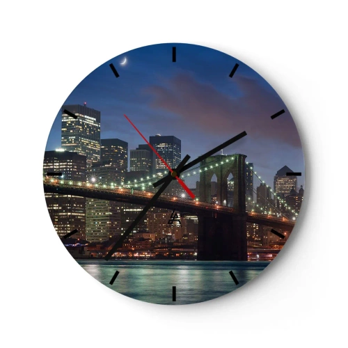 Wanduhr - Glasuhr - Brooklyn Bridge mit Blick auf die Stadt bei Nacht - 30x30cm - Leuchtende Nacht - Moderne Wanddekoration für Wohnzimmer, Küche und Schlafzimmer ARTTOR