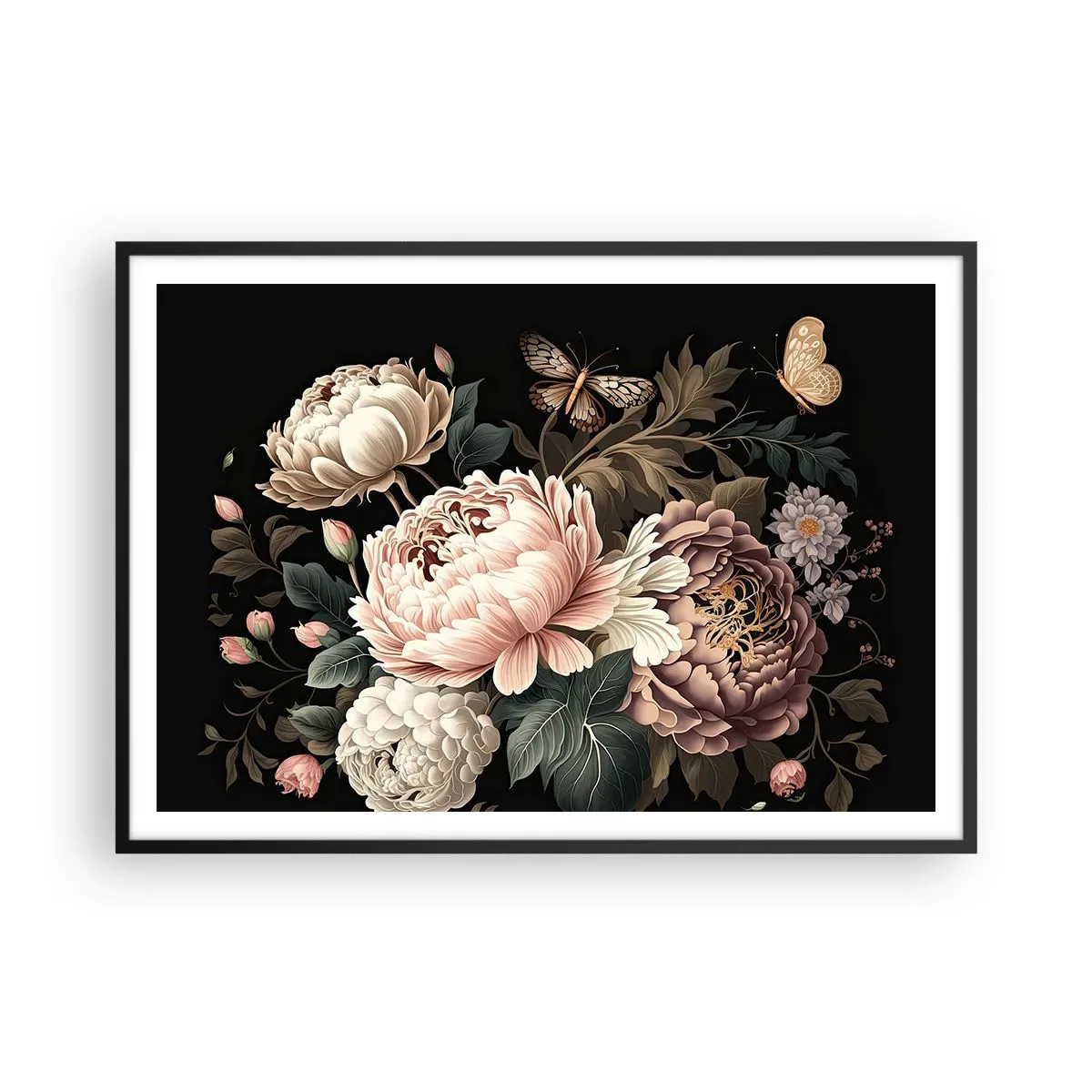 Poster in einem schwarzem Rahmen - Ein Strauß rosa Blumen und Schmetterlinge auf schwarzem Hintergrund - 100x70cm - Im Barockstil - Moderne Wanddekoration für Wohnzimmer und Schlafzimmer ARTTOR