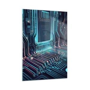 Glasbild - Bild auf glas - Neon-Visualisierung von Prozessorspuren auf schwarzem Hintergrund - 50x70cm - Ich denke nur… - Moderne Wanddekoration für Wohnzimmer und Schlafzimmer ARTTOR