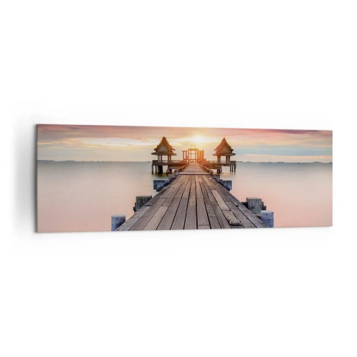 Bild auf Leinwand - Leinwandbild - Holzsteg führt zu Pavillons bei Sonnenuntergang - 160x50cm - Westen im Osten - Moderne Wanddekoration für Wohnzimmer und Schlafzimmer ARTTOR