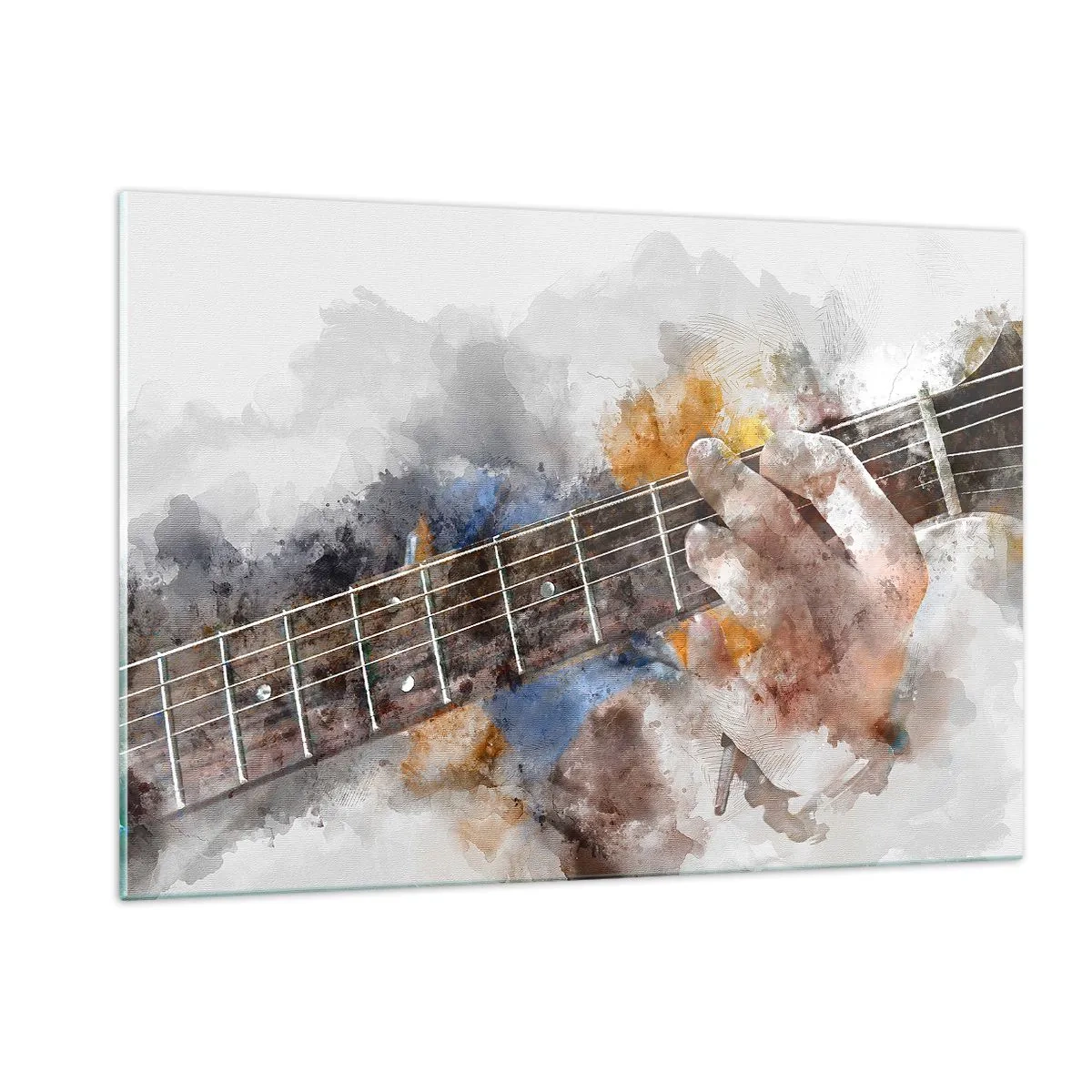 Glasbild - Bild auf glas - Aquarellmotiv einer Gitarre spielenden Hand - 120x80cm - Poesie zwischen den Saiten - Moderne Wanddekoration für Wohnzimmer und Schlafzimmer ARTTOR