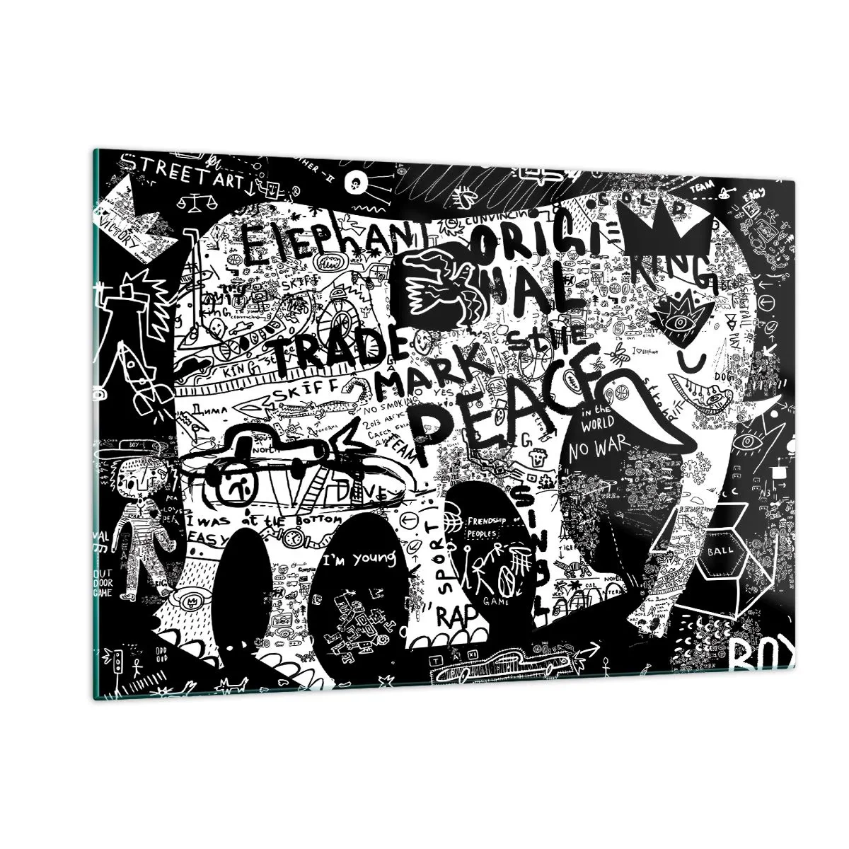 Glasbild - Bild auf glas - Schwarz-weißes Graffiti-Bild mit Themen wie Frieden und Freiheit - 120x80cm - Reiche Straßenwelt - Moderne Wanddekoration für Wohnzimmer und Schlafzimmer ARTTOR