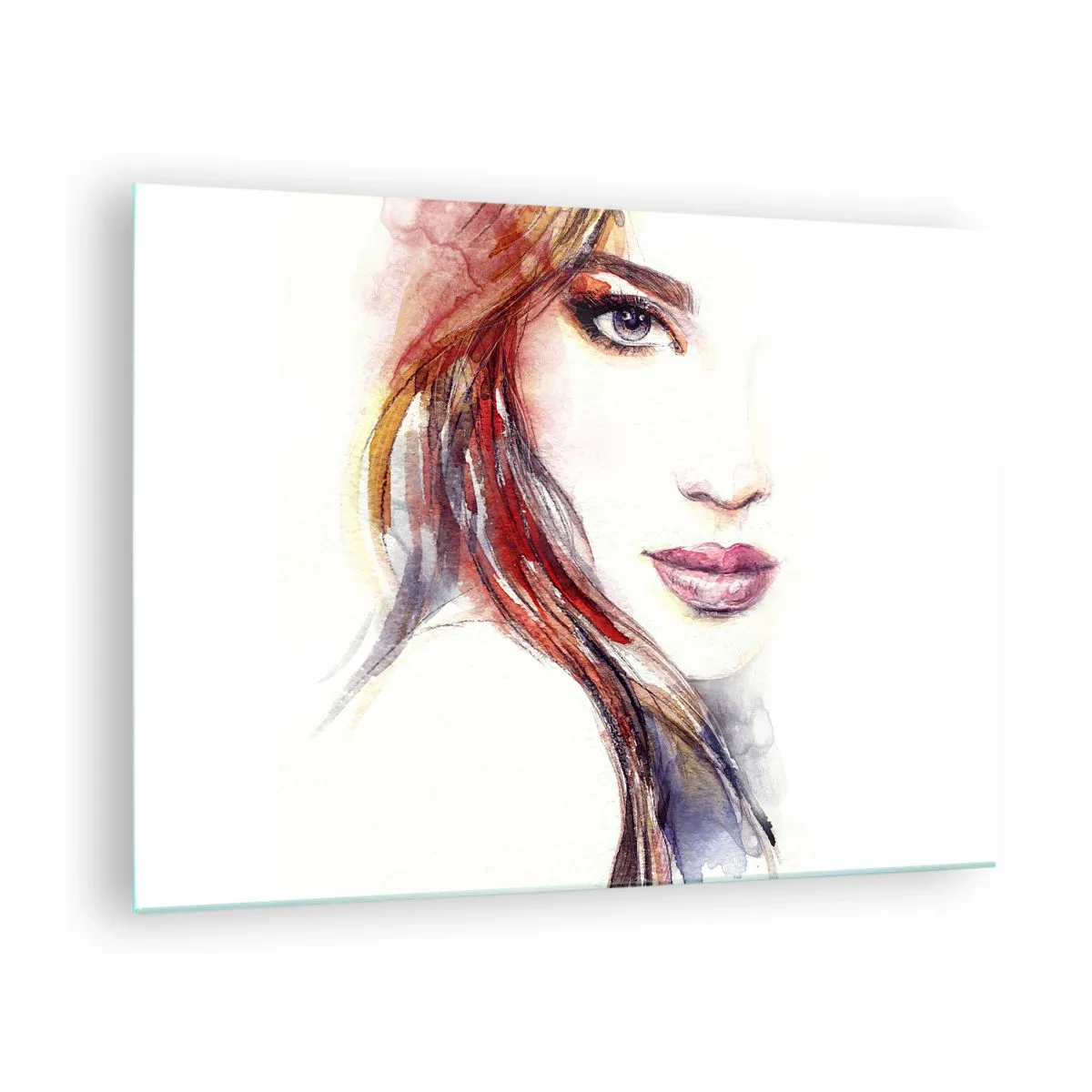 Glasbild - Bild auf glas - Illustration eines Aquarellporträts einer Frau - 70x50cm - Vademecum - folge mir - Moderne Wanddekoration für Wohnzimmer und Schlafzimmer ARTTOR