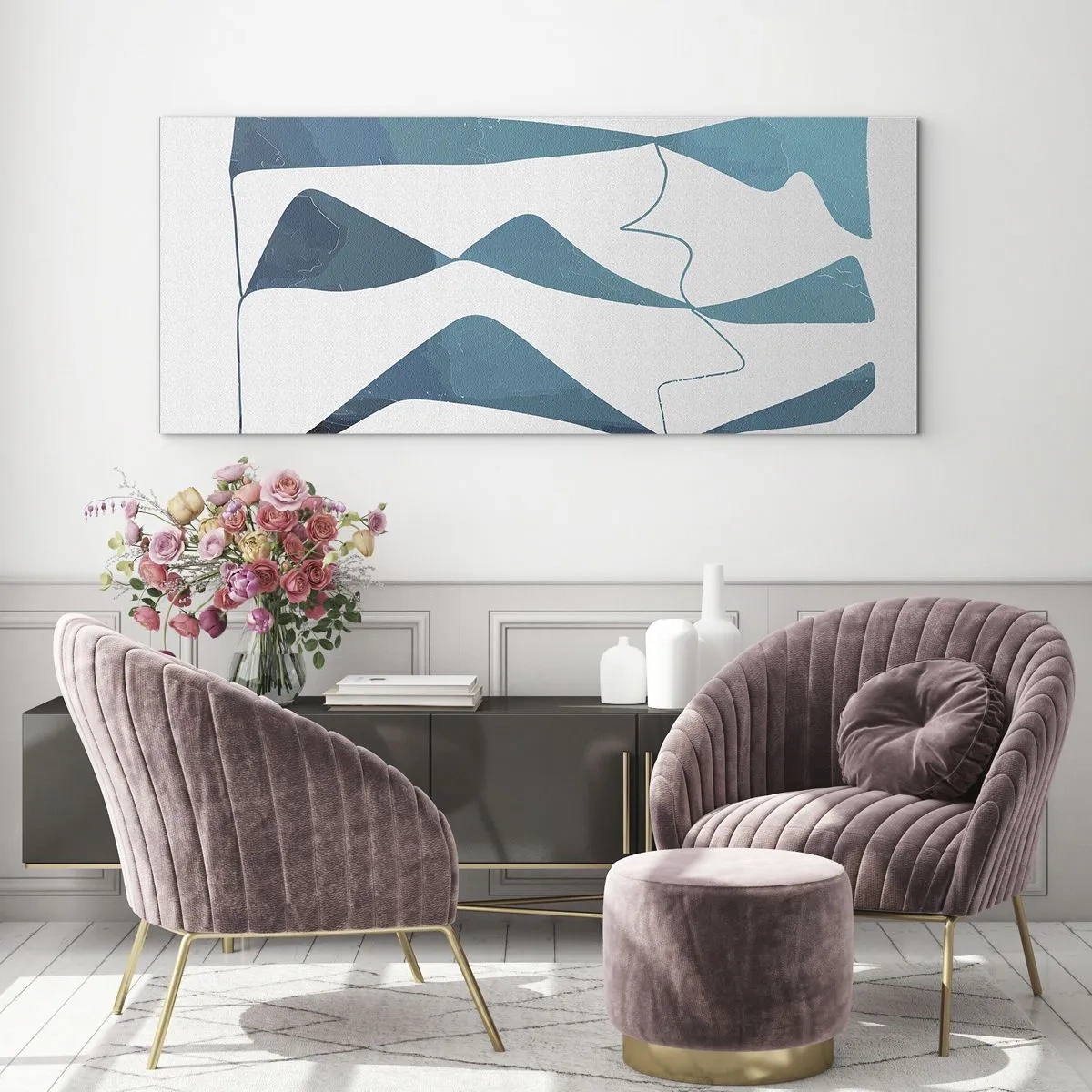 Glasbild - Bild auf glas - Abstrakte Formen in Blautönen auf weißem Hintergrund - 160x50cm - Abstraktion: türkisfarbene Verbindung - Moderne Wanddekoration für Wohnzimmer und Schlafzimmer ARTTOR