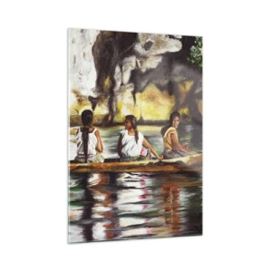 Glasbild - Bild auf glas - Frauen in einem Boot vor der Kulisse malerischer Felsen und Wasser - 50x70cm - In einem polynesischen Paradies - Moderne Wanddekoration für Wohnzimmer und Schlafzimmer ARTTOR