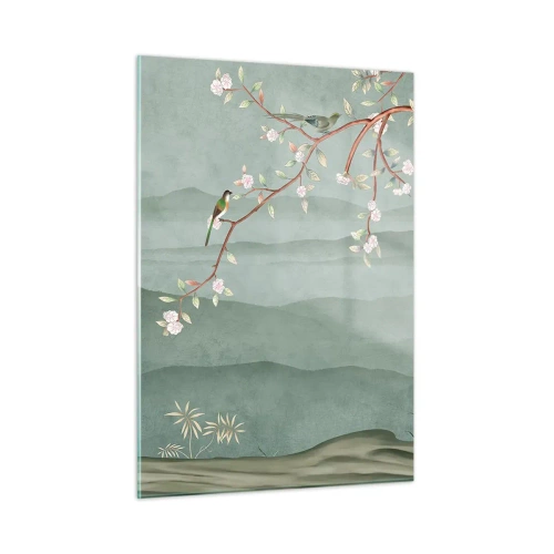 Glasbild - Bild auf glas - Ein Zweig mit Blumen und Vögeln vor dem Hintergrund grüner Hügel - 50x70cm - Frühling, oh, du bist es - Moderne Wanddekoration für Wohnzimmer und Schlafzimmer ARTTOR