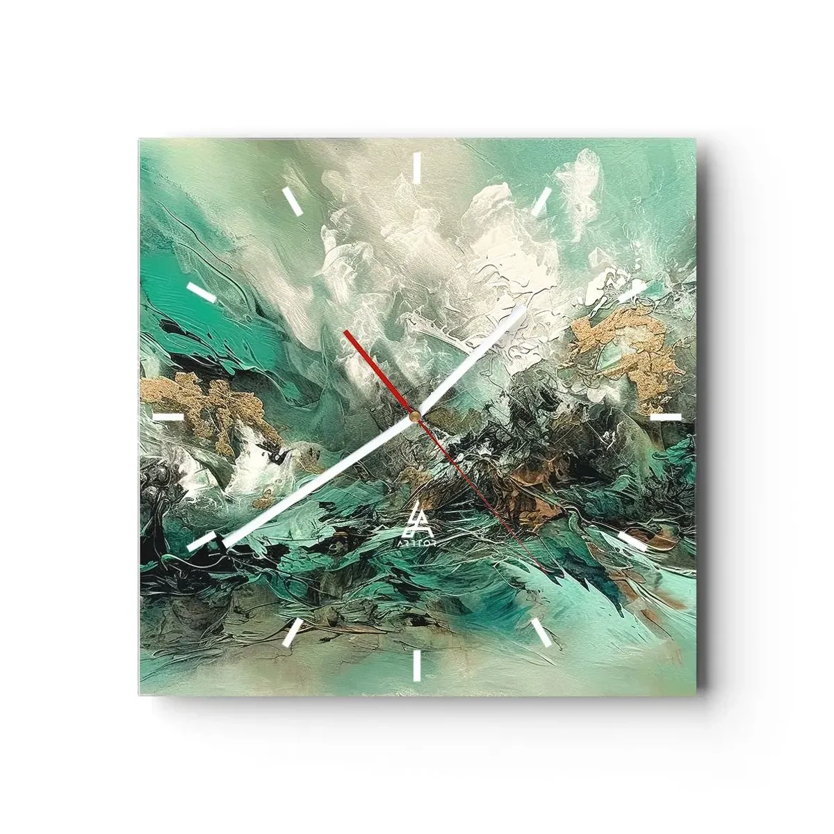 Wanduhr - Glasuhr - Abstrakte Landschaft in Grün- und Goldtönen - 30x30cm - Smaragdgrüne und schwarze Brandung - Moderne Wanddekoration für Wohnzimmer und Schlafzimmer ARTTOR