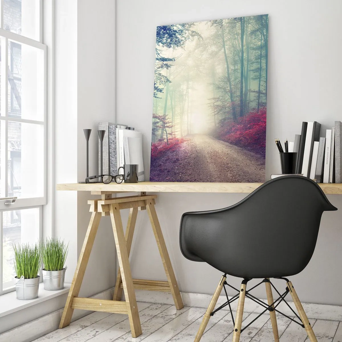Glasbild - Bild auf glas - Waldweg im Nebel mit roten Akzenten - 50x70cm - Wie gut ist es, im Morgengrauen aufzustehen - Moderne Wanddekoration für Wohnzimmer und Schlafzimmer ARTTOR