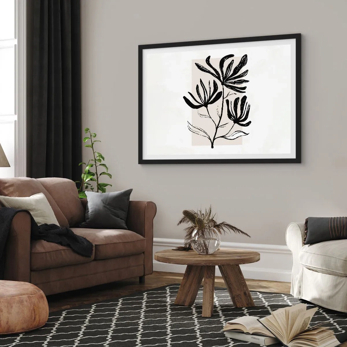 Poster in einem schwarzem Rahmen - Minimalistisches schwarz-weißes Blumenmotiv - 70x50cm - Skizze für das Herbarium - Moderne Wanddekoration für Wohnzimmer und Schlafzimmer ARTTOR