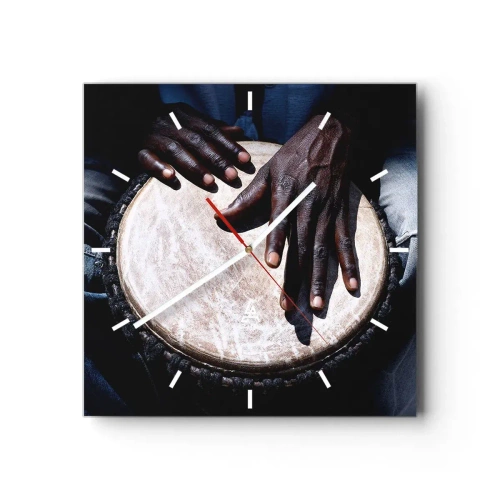Wanduhr - Glasuhr - Hände spielen eine Djembe-Trommel in einer dynamischen Komposition - 30x30cm - Lebe in deinem eigenen Rhythmus - Moderne Wanddekoration für Wohnzimmer und Schlafzimmer ARTTOR