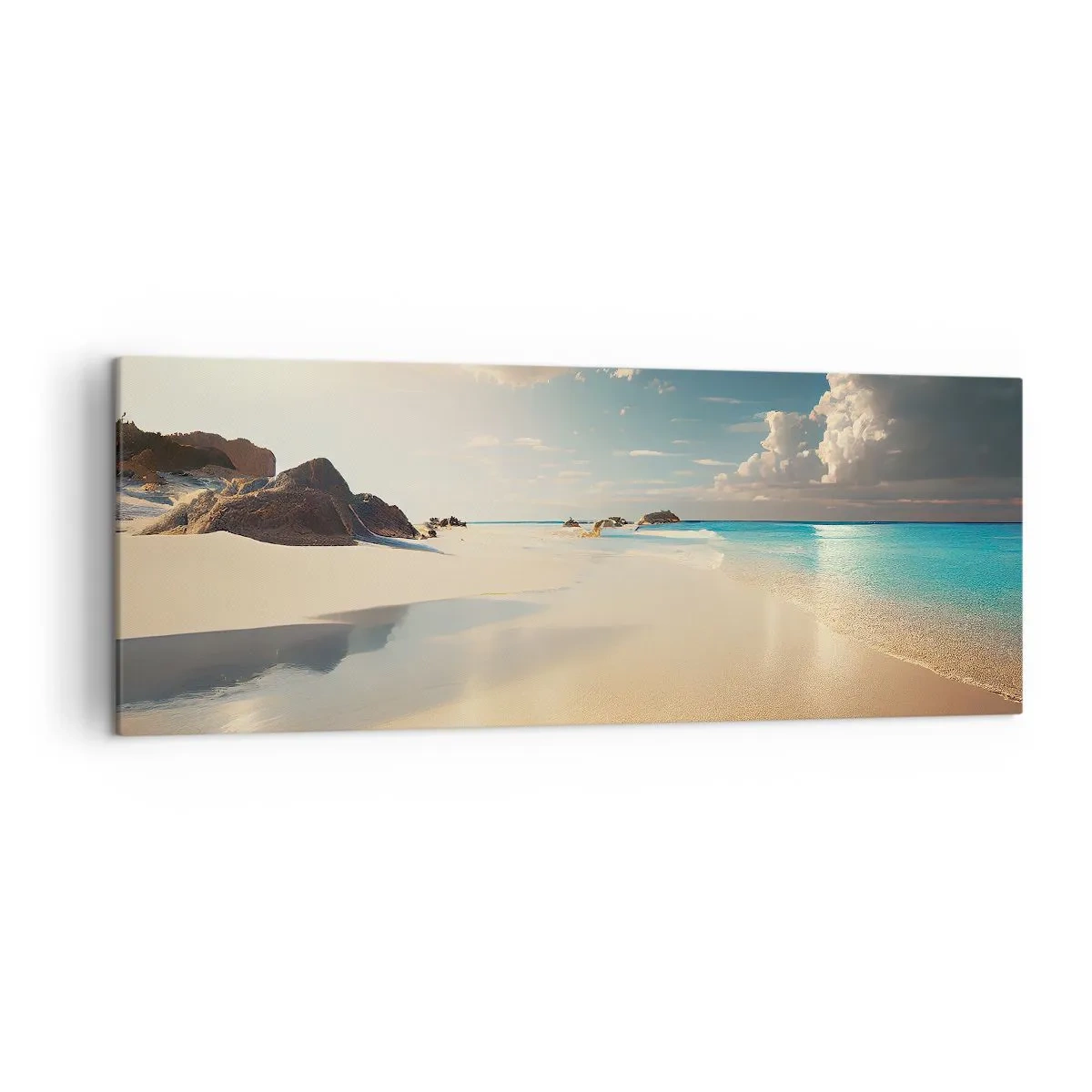 Bild auf Leinwand - Leinwandbild - Ein sonniger Strand mit blauem Meer und Felsen - 140x50cm - Erträumter Tag - Moderne Wanddekoration für Wohnzimmer und Schlafzimmer ARTTOR