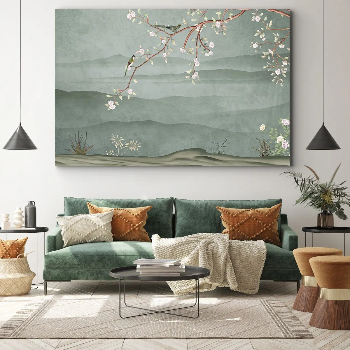 Bild auf Leinwand - Leinwandbild - Ein malerisches Bild eines blühenden Baumzweigs mit Vögeln vor dem Hintergrund grüner Hügel. - 70x50cm - Frühling, oh, du bist es - Moderne Wanddekoration für Wohnzimmer und Schlafzimmer ARTTOR