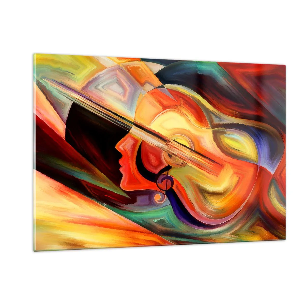 Glasbild - Bild auf glas - Abstraktes Porträt mit einer Gitarre und Musiknoten im Hintergrund - 120x80cm - Alles ist gut - Moderne Wanddekoration für Wohnzimmer und Schlafzimmer ARTTOR