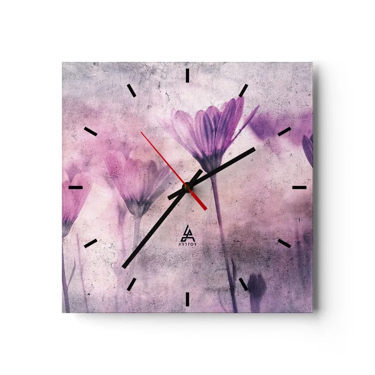 Wanduhr - Glasuhr - Zarte Blüten in Lilatönen auf hellem Untergrund - 30x30cm - Ein Blumentraum - Moderne Wanddekoration für Wohnzimmer und Schlafzimmer ARTTOR