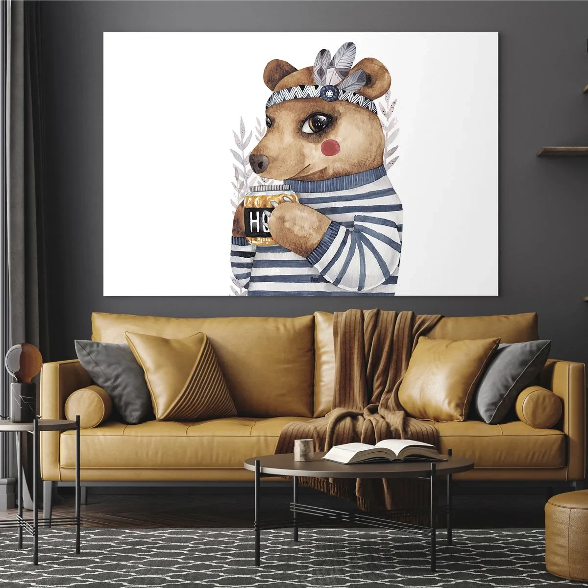 Glasbild - Bild auf glas - Ein gestreifter Teddybär mit einer Tasse Honig und Federn - 100x70cm - Süße Bärin - Moderne Wanddekoration für Wohnzimmer und Schlafzimmer ARTTOR
