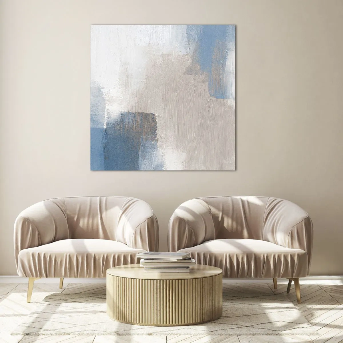 Glasbild - Bild auf glas - Rosa Abstraktion hinter einem blauen Vorhang - 70x70 cm