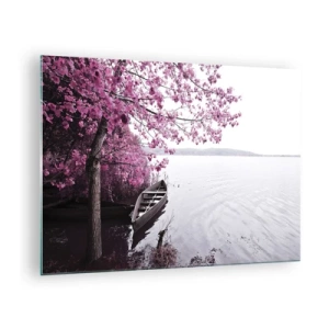 Glasbild - Bild auf glas - Ein Boot am Ufer mit einem rosa Baum über dem Wasser - 70x50cm - In rosa Stille - Moderne Wanddekoration für Wohnzimmer und Schlafzimmer ARTTOR