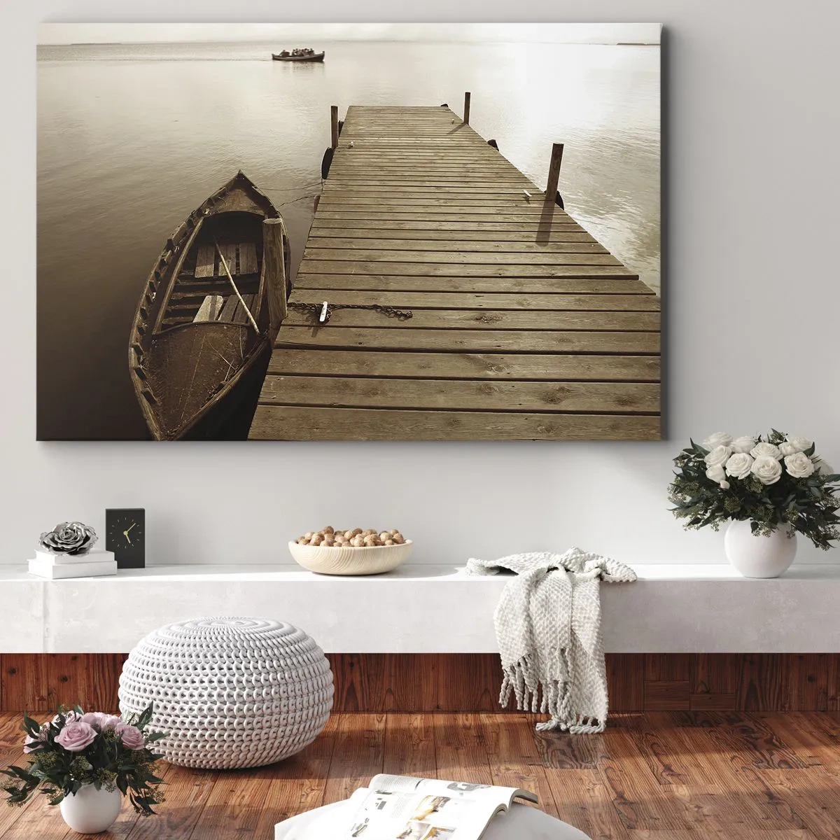 Bild auf Leinwand - Leinwandbild - Holzsteg und Boot auf einem ruhigen See - 120x80cm - Großer Frieden - Moderne Wanddekoration für Wohnzimmer und Schlafzimmer ARTTOR