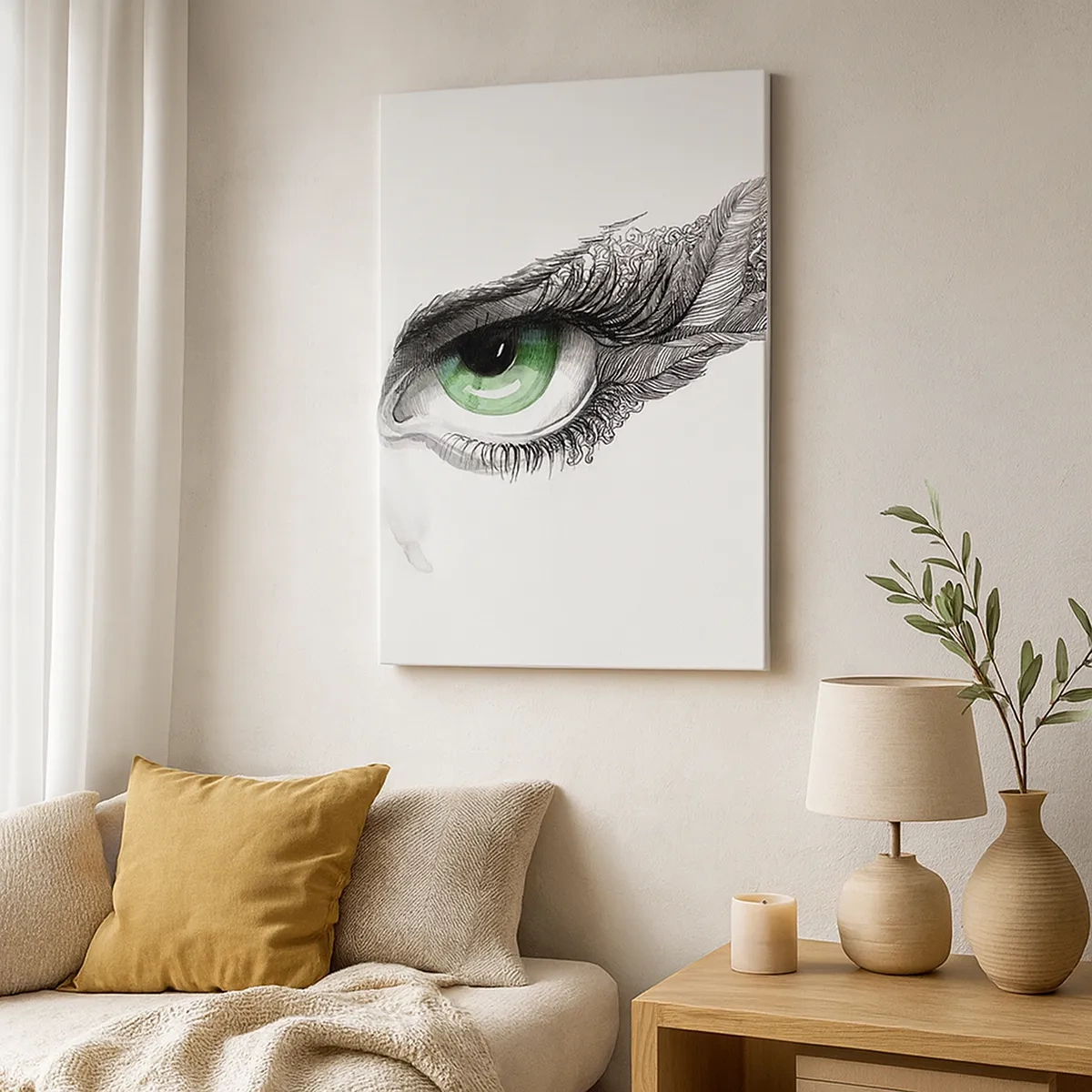 Bild auf Leinwand - Leinwandbild - Künstlerisches Auge mit grüner Iris und Zeichnungsdetails - 50x70cm - Schön und bereit zum Angriff - Moderne Wanddekoration für Wohnzimmer und Schlafzimmer ARTTOR