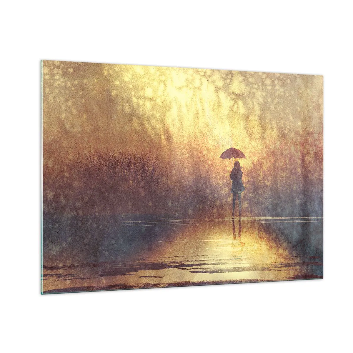 Glasbild - Bild auf glas - Eine Figur mit Regenschirm im Licht der untergehenden Sonne und des Regens - 100x70cm - Ich habe das Gefühl, dass mich jemand ansieht - Moderne Wanddekoration für Wohnzimmer und Schlafzimmer ARTTOR