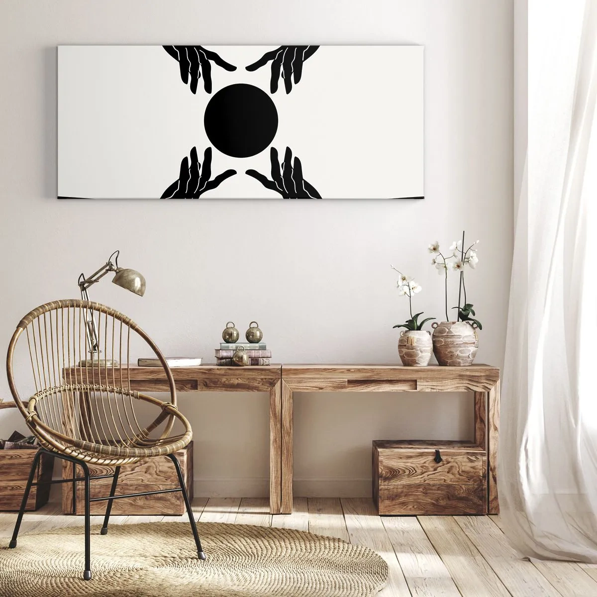 Bild auf Leinwand - Leinwandbild - Schwarze Hände in einer symmetrischen Komposition mit einer Kugel - 140x50cm - Geheimes Zeichen - Moderne Wanddekoration für Wohnzimmer und Schlafzimmer ARTTOR