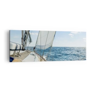 Bild auf Leinwand - Leinwandbild - Ein Segelboot auf ruhiger See unter blauem Himmel - 140x50cm - Ahoi, Abenteuer - Moderne Wanddekoration für Wohnzimmer und Schlafzimmer ARTTOR