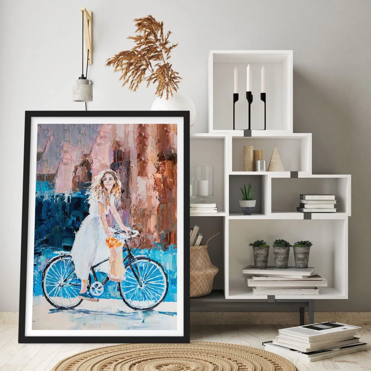 Poster in einem schwarzem Rahmen - Impressionistische Szene mit einem Radfahrer - 50x70cm - Freude am Morgen - Moderne Wanddekoration für Wohnzimmer und Schlafzimmer ARTTOR