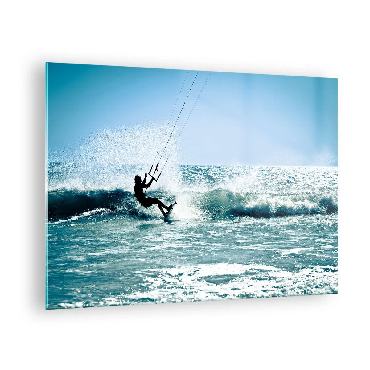 Glasbild - Bild auf glas - Kitesurfer auf den Wellen des Ozeans an einem sonnigen Tag - 70x50cm - Hinreißen lassen - Moderne Wanddekoration für Wohnzimmer und Schlafzimmer ARTTOR