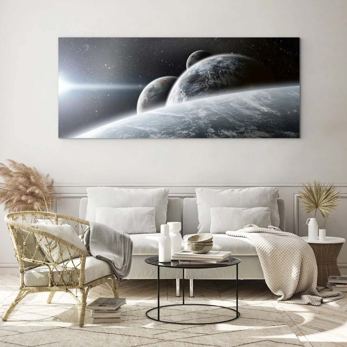 Glasbild - Bild auf glas - Planeten im Weltraum vor dem Hintergrund von Sternen und Galaxien - 140x50cm - Kosmische Musik der Sphären - Moderne Wanddekoration für Wohnzimmer und Schlafzimmer ARTTOR