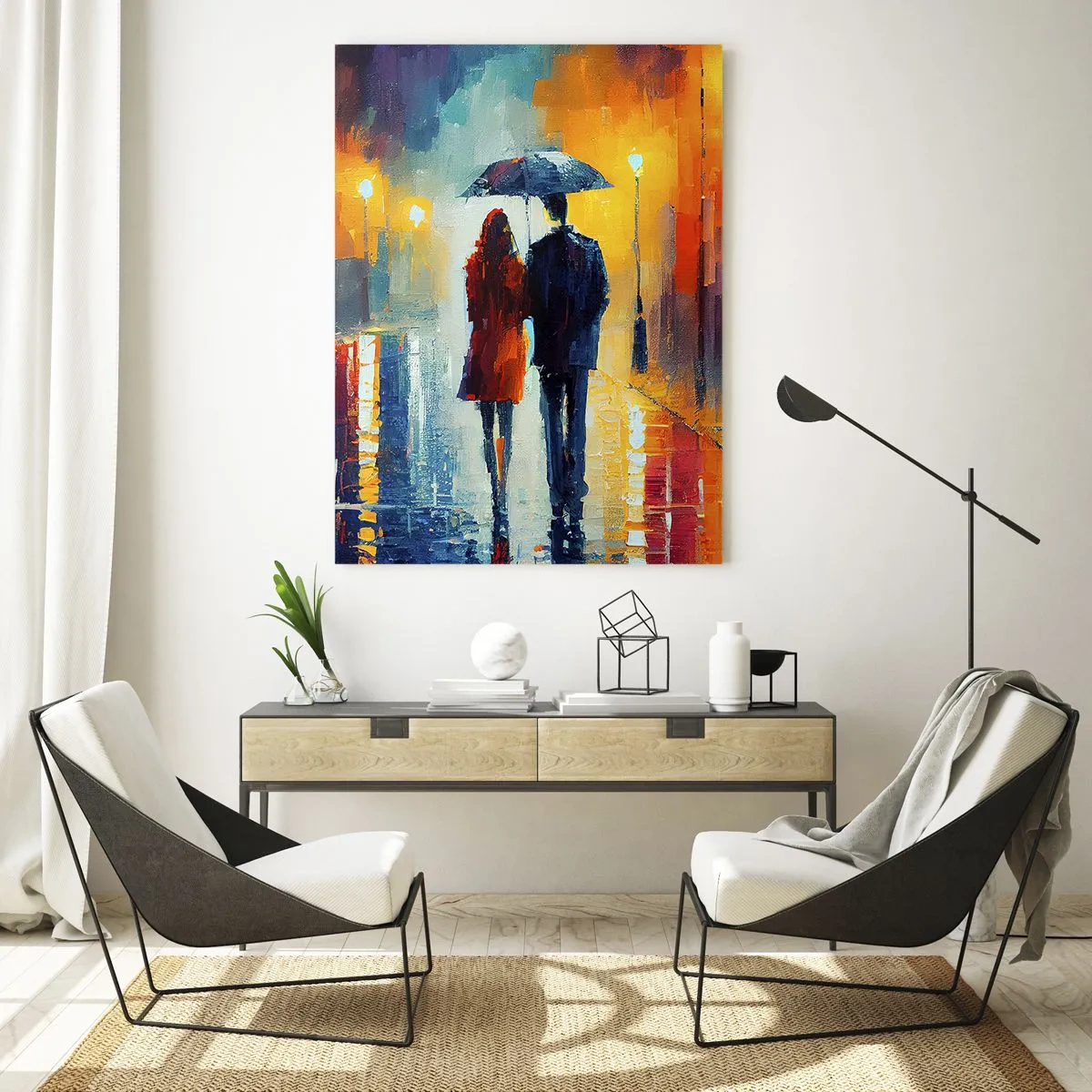 Glasbild - Bild auf glas - Ein Paar unter einem Regenschirm auf einer farbenfrohen Nachtstraße im Regen. - 50x70cm - Gemeinsam – eine bunte Nacht - Moderne Wanddekoration für Wohnzimmer und Schlafzimmer ARTTOR
