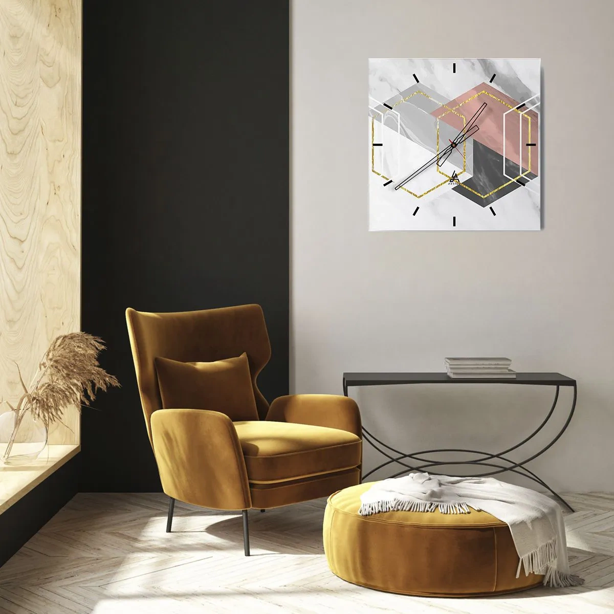 Wanduhr - Glasuhr - Geometrische Figuren mit Gold- und Marmorakzenten - 30x30cm - Kettenkomposition - Moderne Wanddekoration für Wohnzimmer und Schlafzimmer ARTTOR