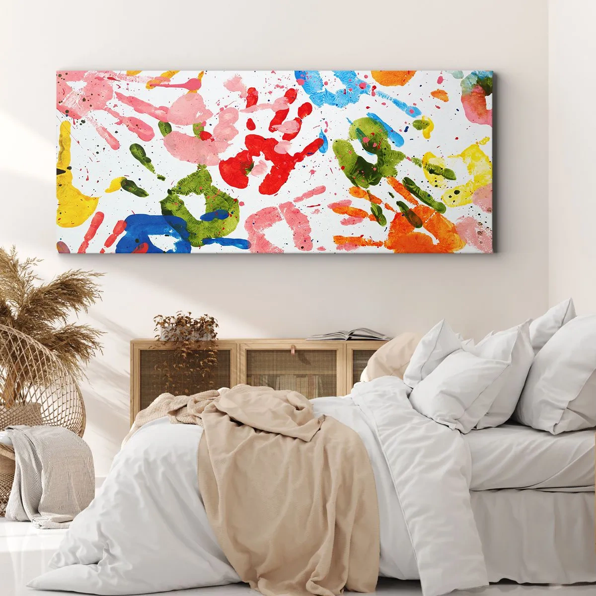 Bild auf Leinwand - Leinwandbild - Bunte Handabdrücke auf weißem Hintergrund - 120x50cm - Folgen Sie den Spuren - Moderne Wanddekoration für Wohnzimmer und Schlafzimmer ARTTOR