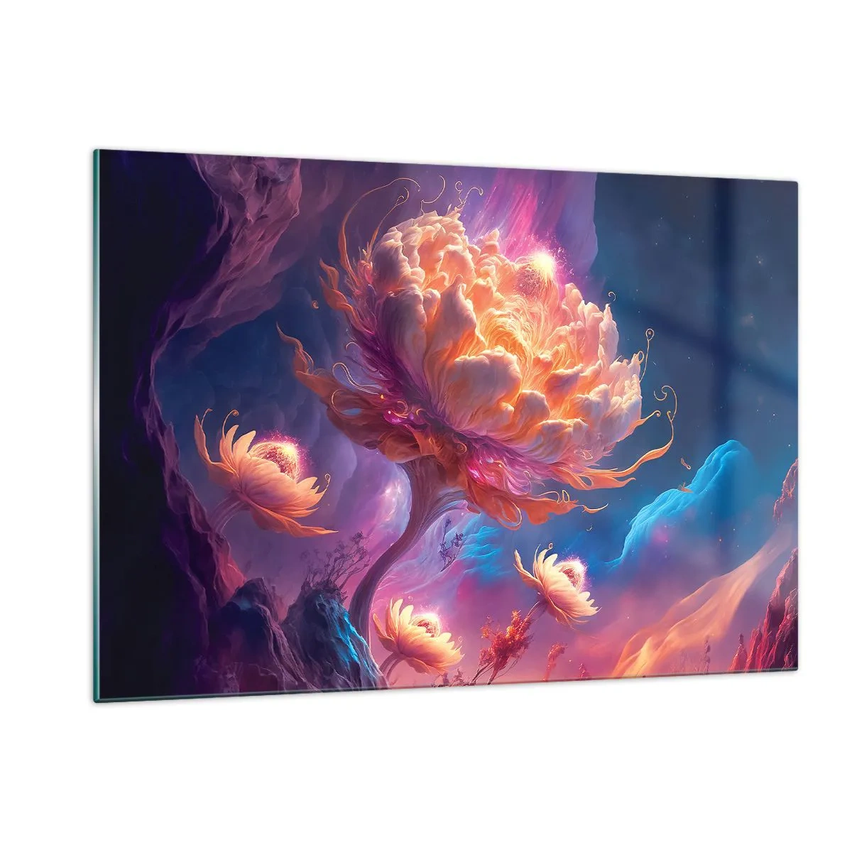 Glasbild - Bild auf glas - Eine fantastische Blume, die in einer kosmischen Umgebung schwebt - 120x80cm - Andere Welt - Moderne Wanddekoration für Wohnzimmer und Schlafzimmer ARTTOR