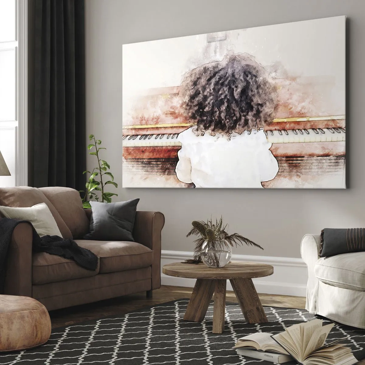 Bild auf Leinwand - Leinwandbild - Ein Mädchen mit buschigem Haar am Klavier - 100x70cm - In der neuen Welt - Moderne Wanddekoration für Wohnzimmer und Schlafzimmer ARTTOR