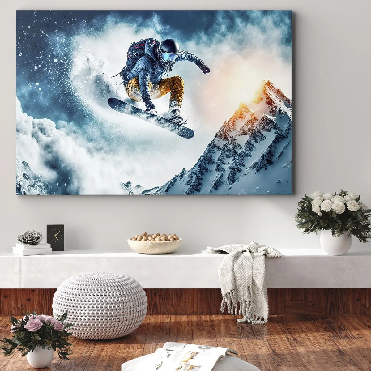 Bild auf Leinwand - Leinwandbild - Ein Snowboarder fliegt über schneebedeckte Berge - 120x80cm - Extreme Emotionen - Moderne Wanddekoration für Wohnzimmer und Schlafzimmer ARTTOR