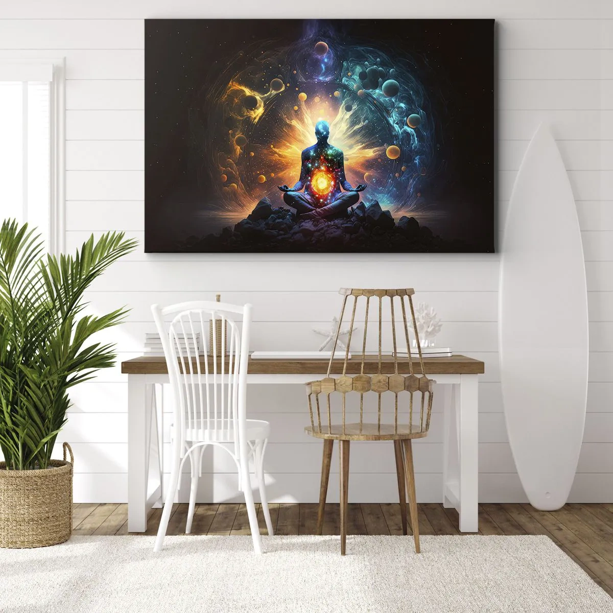 Bild auf Leinwand - Leinwandbild - Eine meditierende Figur, umgeben von einer kosmischen Aura - 70x50cm - Kosmischer Frieden - Moderne Wanddekoration für Wohnzimmer und Schlafzimmer ARTTOR