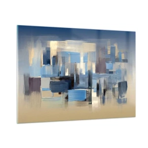 Glasbild - Bild auf glas - Geometrische Pinselstriche in Blau- und Beigetönen - 100x70cm - Blaue Konstruktion - Moderne Wanddekoration für Wohnzimmer und Schlafzimmer ARTTOR