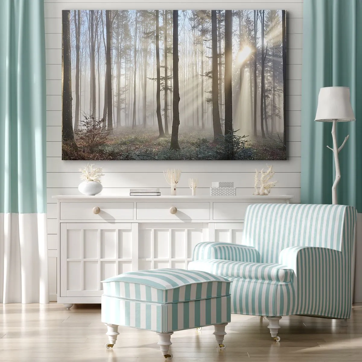 Bild auf Leinwand - Leinwandbild - Ein Wald in leichtem Nebel mit Sonnenstrahlen, die durch die Bäume scheinen - 70x50cm - Der Nebel ist auch aufgewacht - Moderne Wanddekoration für Wohnzimmer und Schlafzimmer ARTTOR