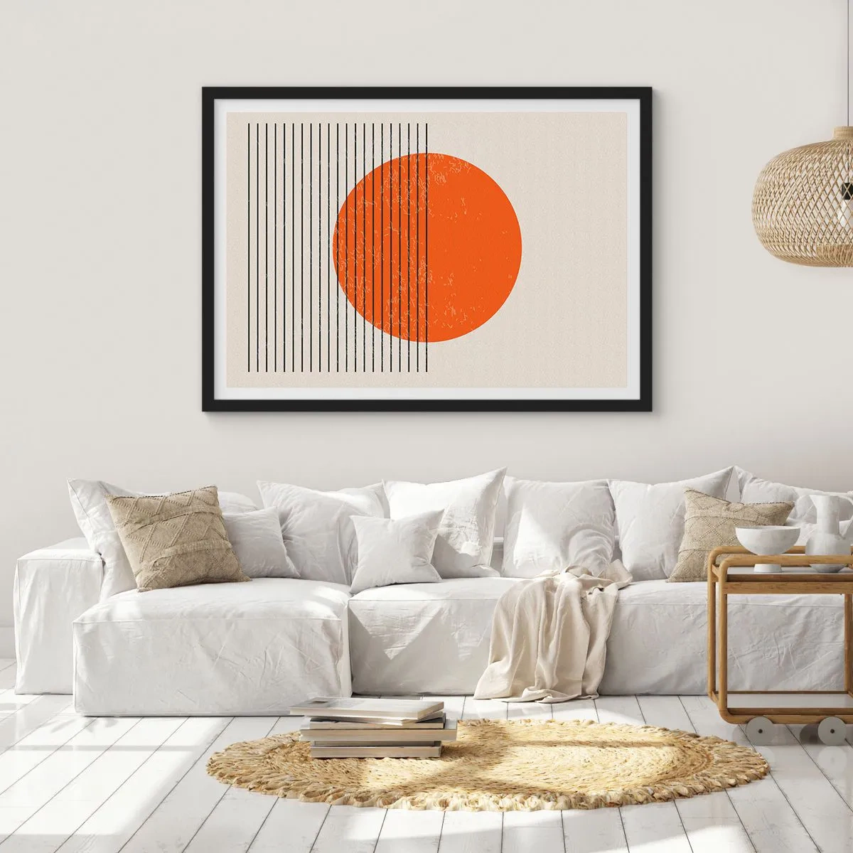 Poster in einem schwarzem Rahmen - Minimalistische Sonne mit geometrischen Linien - 70x50cm - Immer die Sonne - Moderne Wanddekoration für Wohnzimmer und Schlafzimmer ARTTOR