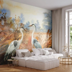 Selbstklebende Fototapete Deluxe Sticker - Wohin im Herbst? - Kran, Vögel, Natur - 100x70 cm
