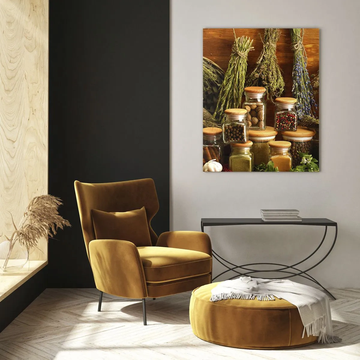 Glasbild - Bild auf glas - Kräuter und Gewürze in Gläsern auf einem hölzernen Hintergrund - 50x70cm - Küchenzauber - Moderne Wanddekoration für Wohnzimmer und Schlafzimmer ARTTOR