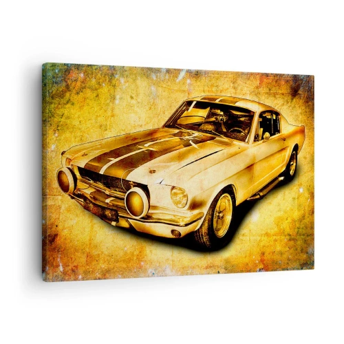 Bild auf Leinwand - Leinwandbild - Klassischer Retro-Sportwagen auf Vintage-Hintergrund in Goldtönen - 70x50cm - Die verrückten 70er Jahre - Moderne Wanddekoration für Wohnzimmer und Schlafzimmer ARTTOR