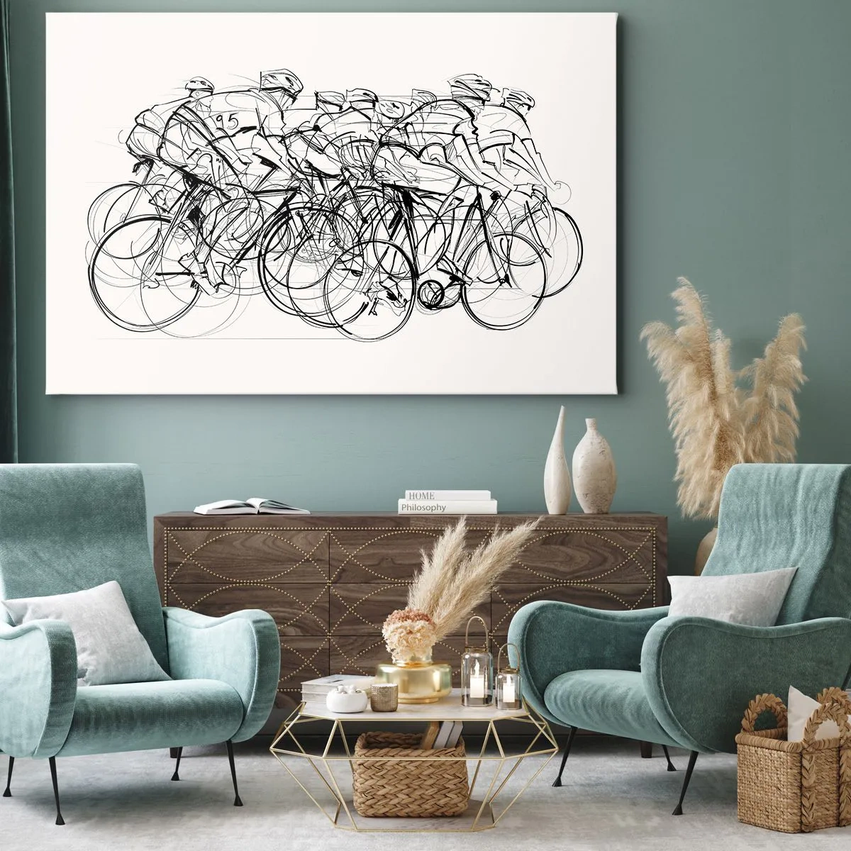 Bild auf Leinwand - Leinwandbild - Eine Gruppe von Radfahrern in Bewegung im minimalistischen Stil - 70x50cm - Gemeinsam als Team - Moderne Wanddekoration für Wohnzimmer und Schlafzimmer ARTTOR